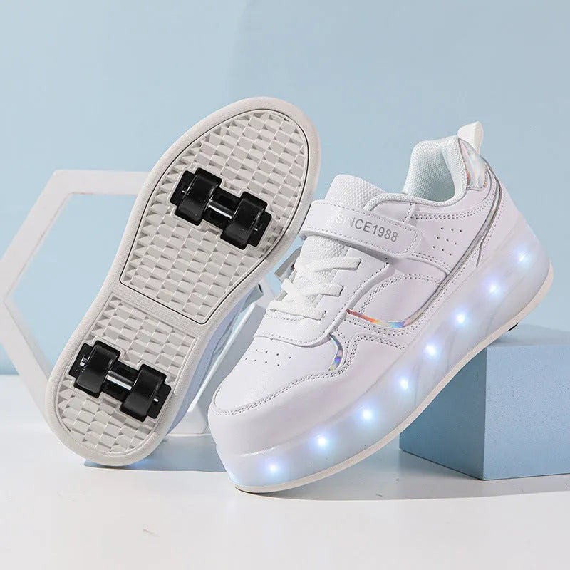 Boys and girls charging LED roller skates in multiple colours with light-up wheels