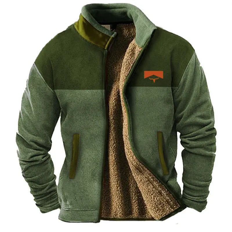 Men's green polyester padded coat with regular length shown on model