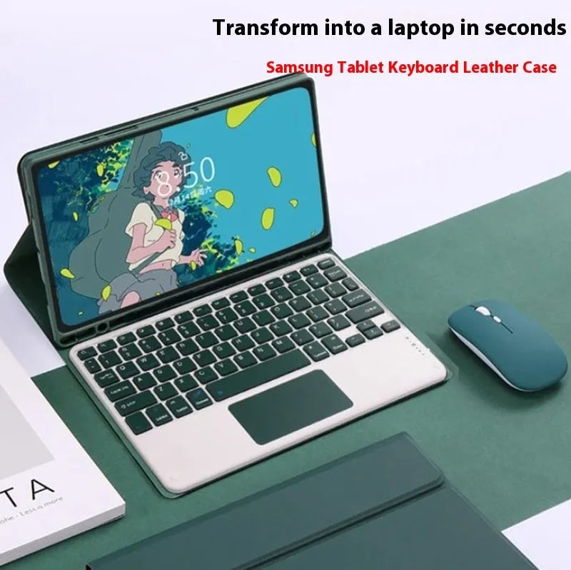 Bluetooth keyboard and charging mouse inside a soft TPU leather-look case for Samsung tablet