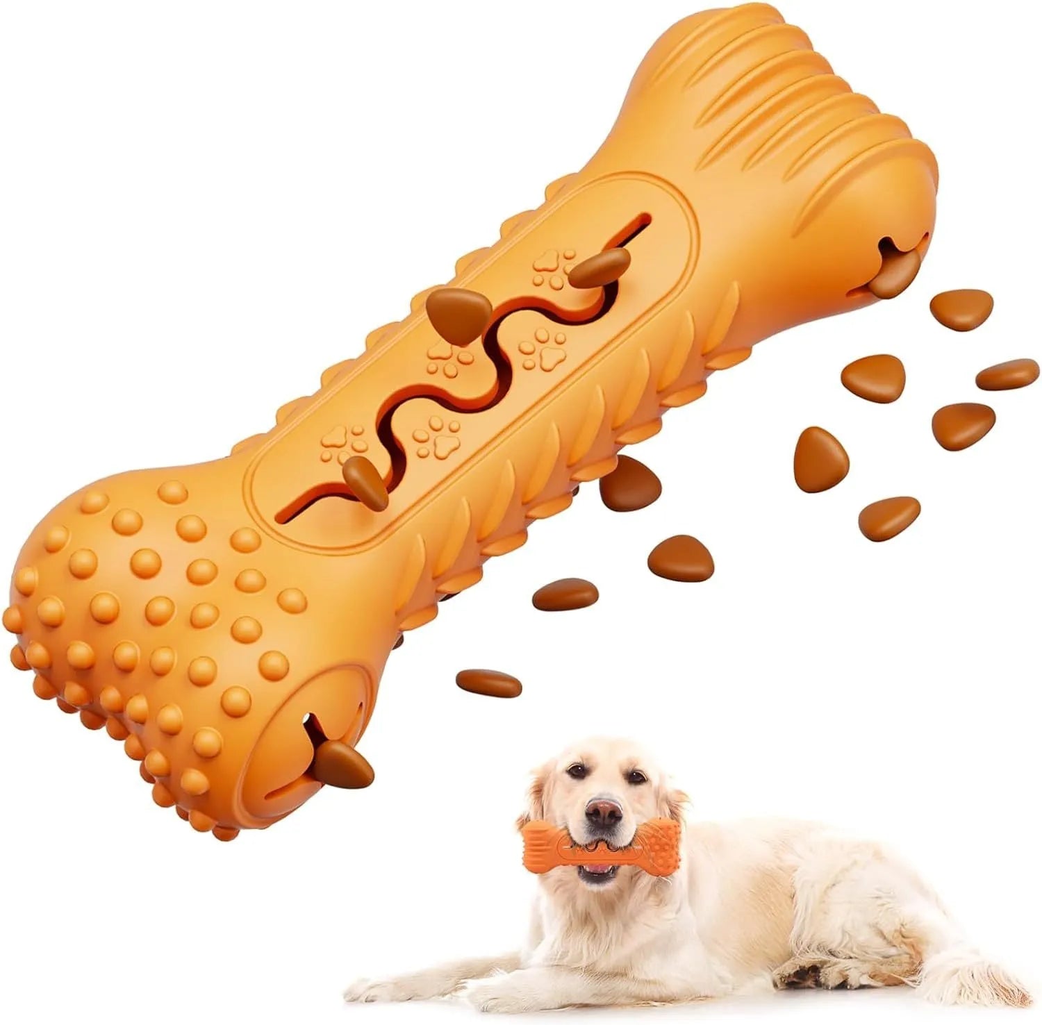 Blue bone-shaped natural rubber dog chew toy with textured surface