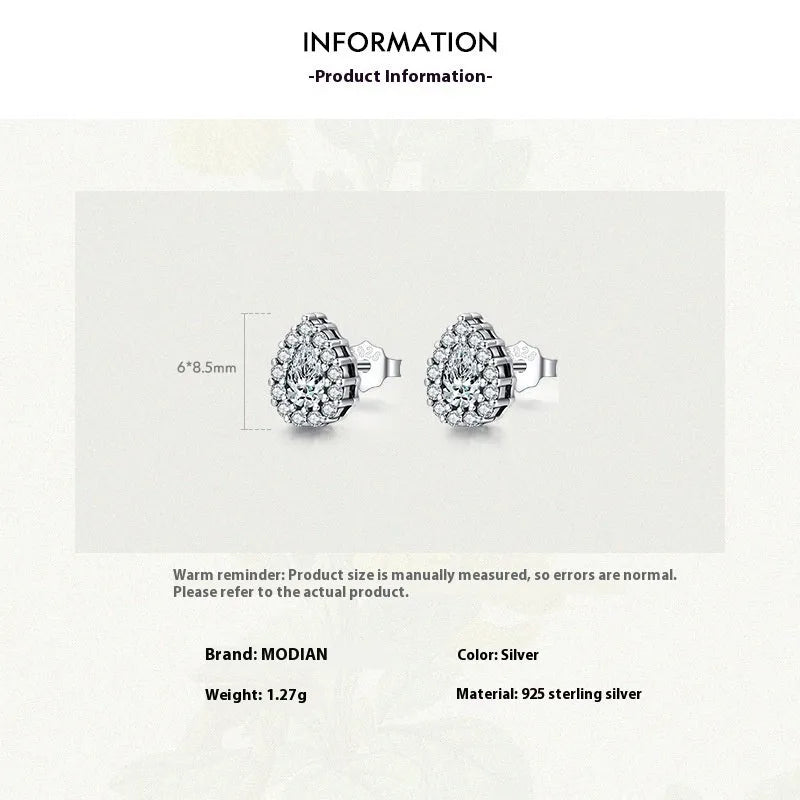 Pair of 925 sterling silver water drop shaped stud earrings with diamond process finish for women