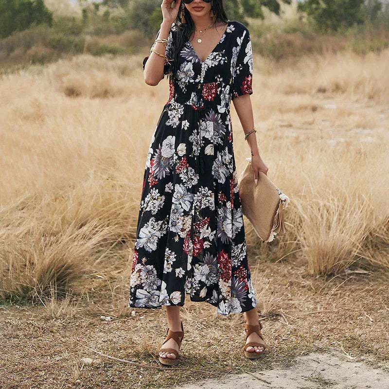 Women's floral print beach dress with v-neck and elastic waist in yellow colour