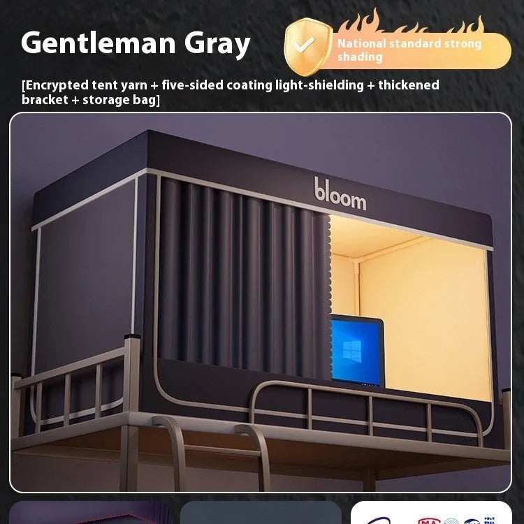 Grey integrated mosquito net and bed curtain set for 0.9m beds with five-sided shading design