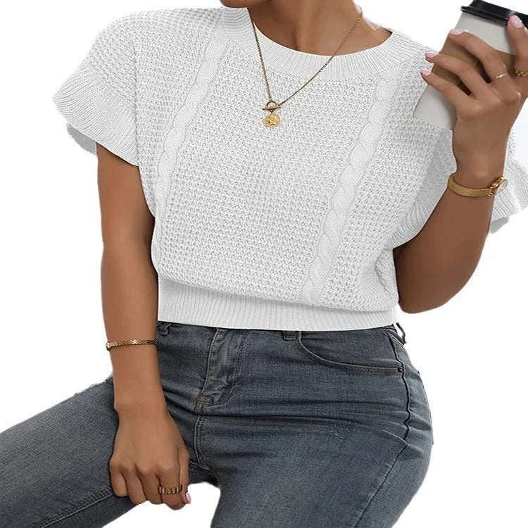 Twisted string design knitted pullover with ruffle short sleeves and round neck in loose Japanese Korean casual style