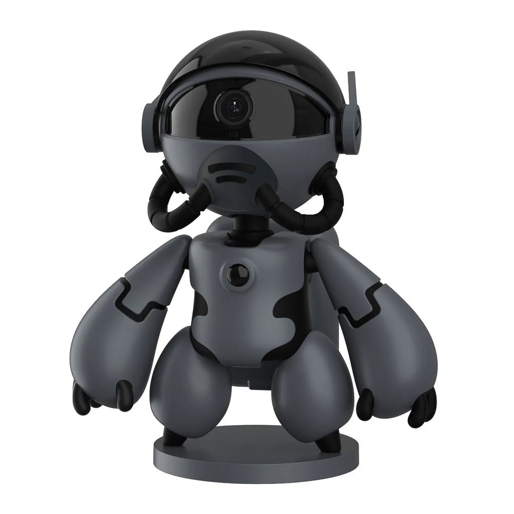 White Space Robot wireless home security camera on a table with a wide-angle lens.