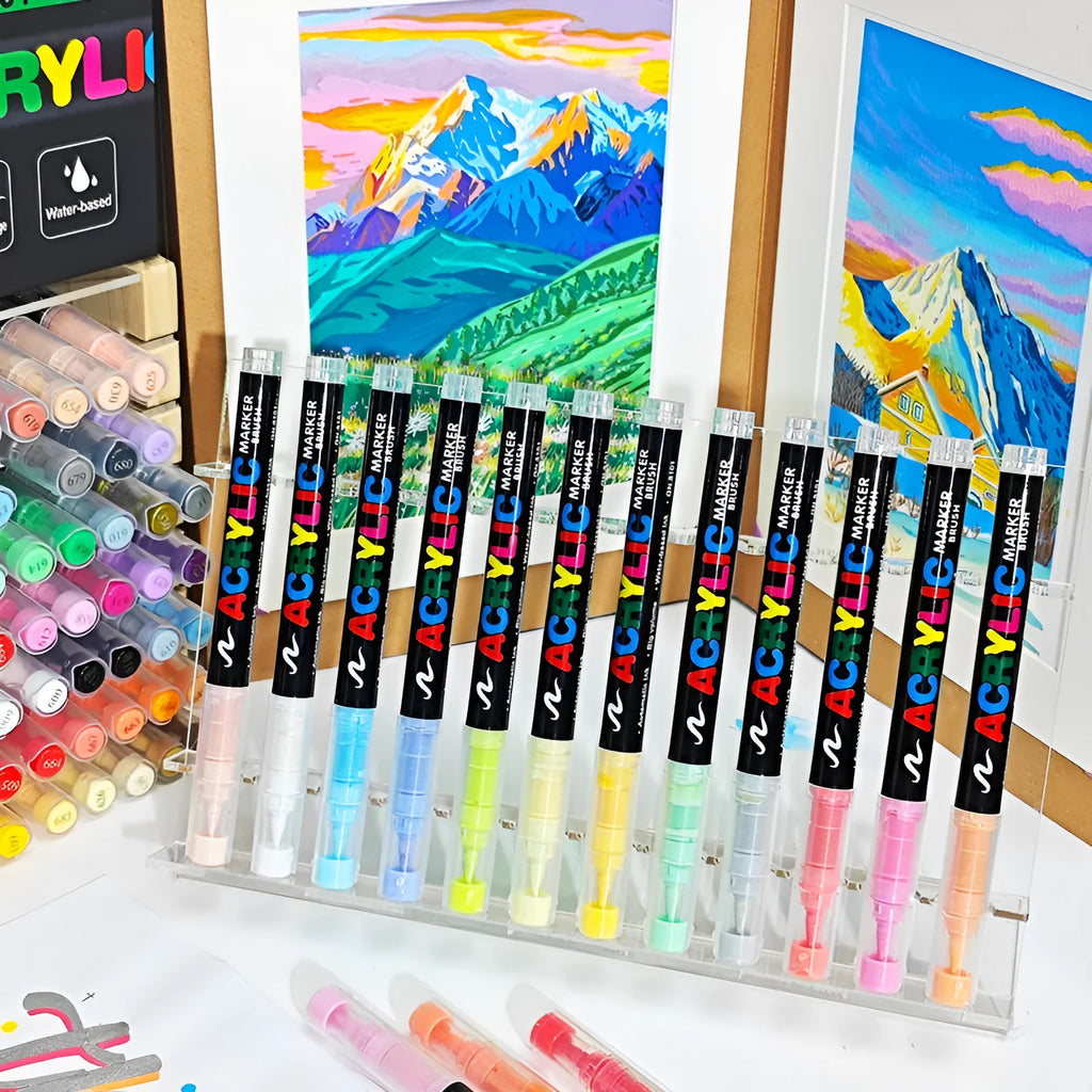 Set of straight liquid acrylic marker pens with soft heads in multiple colours for art and graffiti.