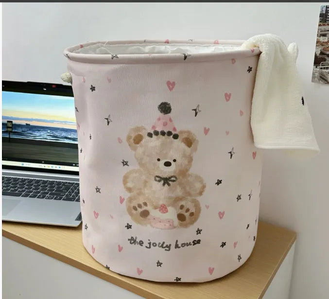 Foldable cotton cloth laundry basket with bear print design for bedroom storage