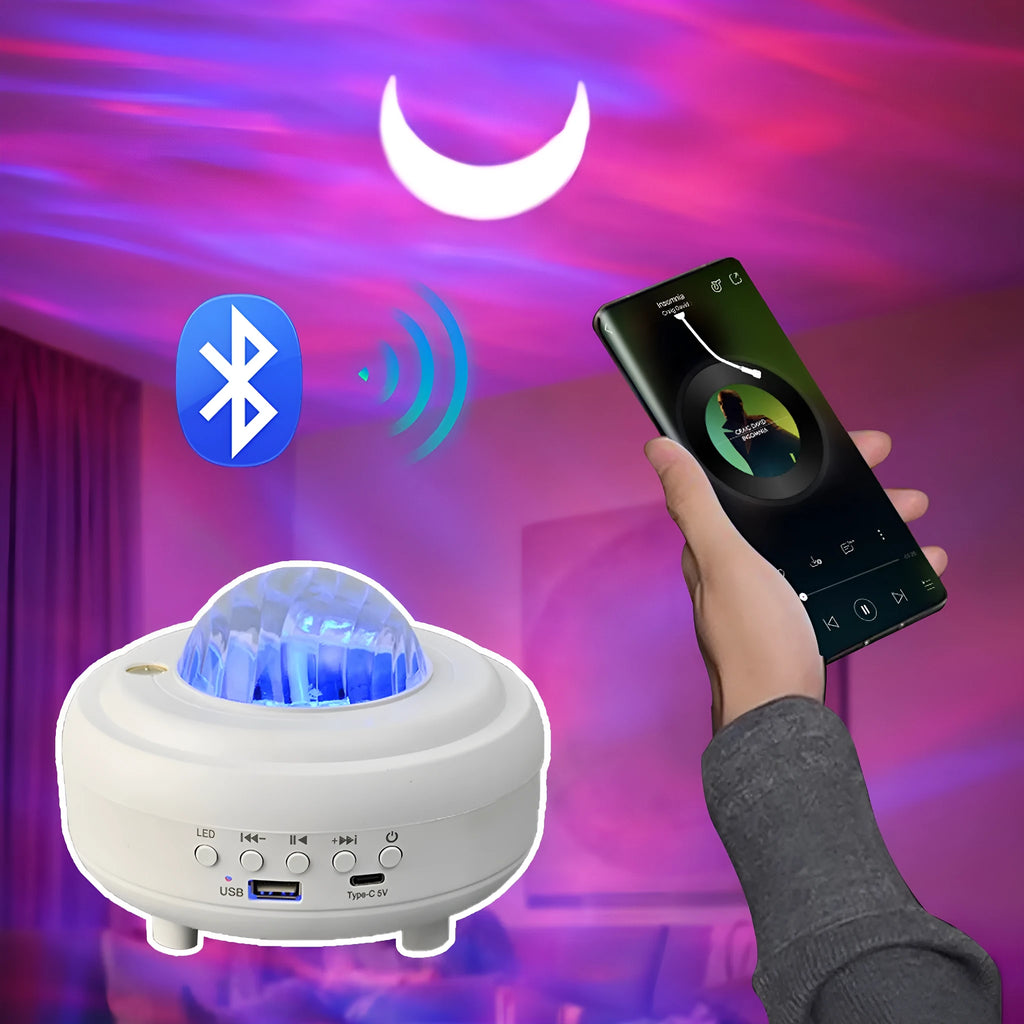 White galaxy star projector with Bluetooth speaker showing star projection on wall