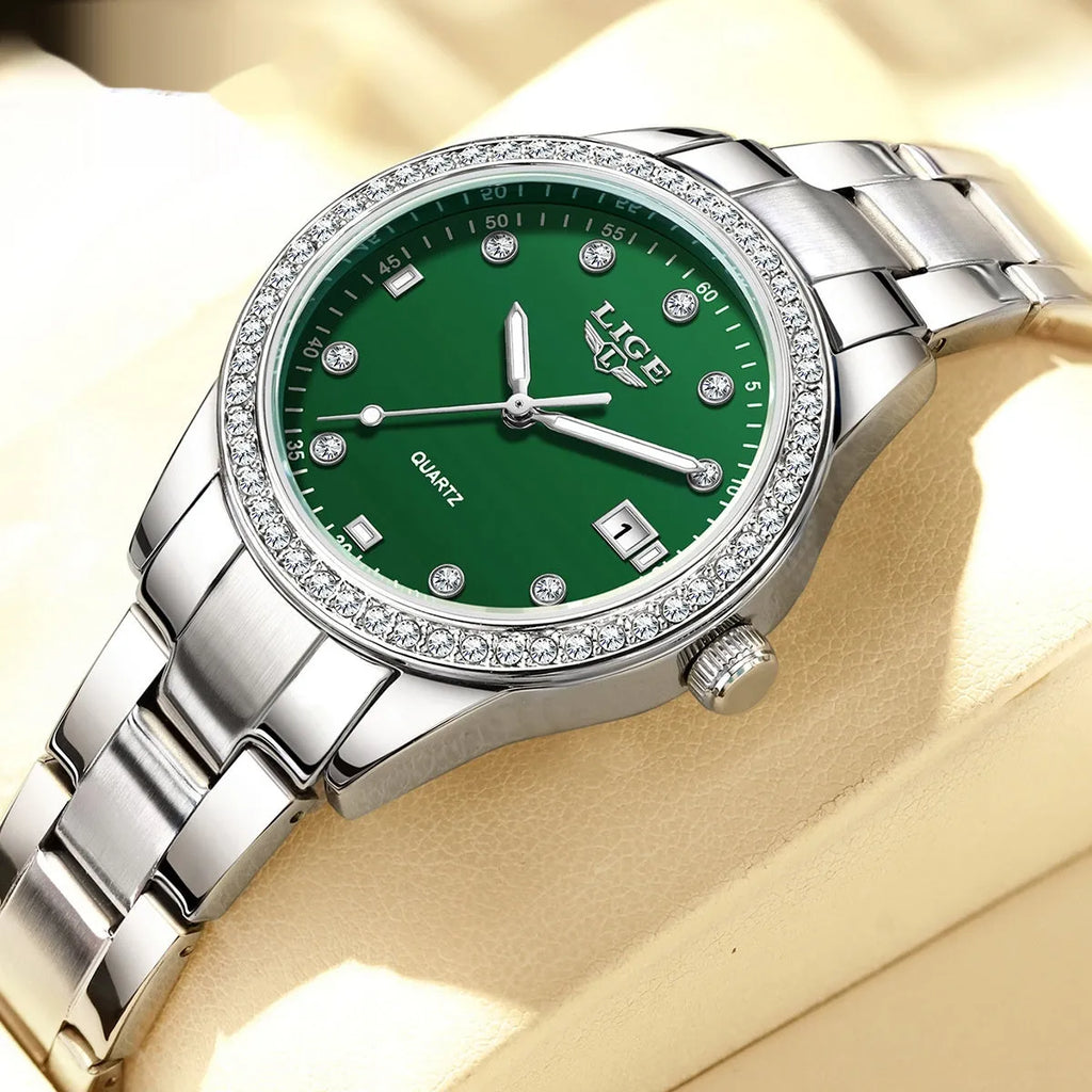 Fashion girl quartz watch with stainless steel case, luminous dial, and spiral crown in silver colour options
