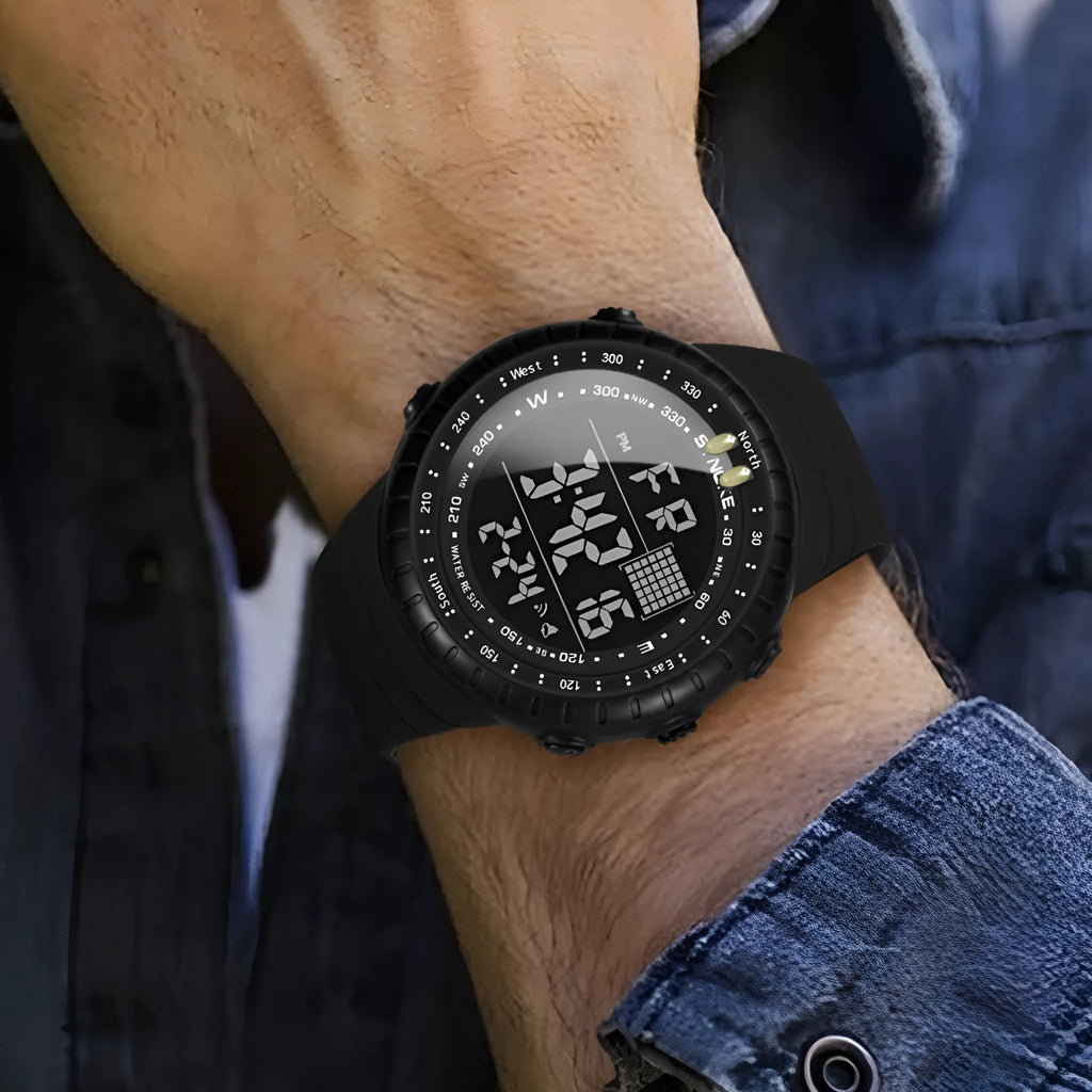 Black men's waterproof outdoor electronic watch with large 54.74mm dial and adjustable PU leather strap