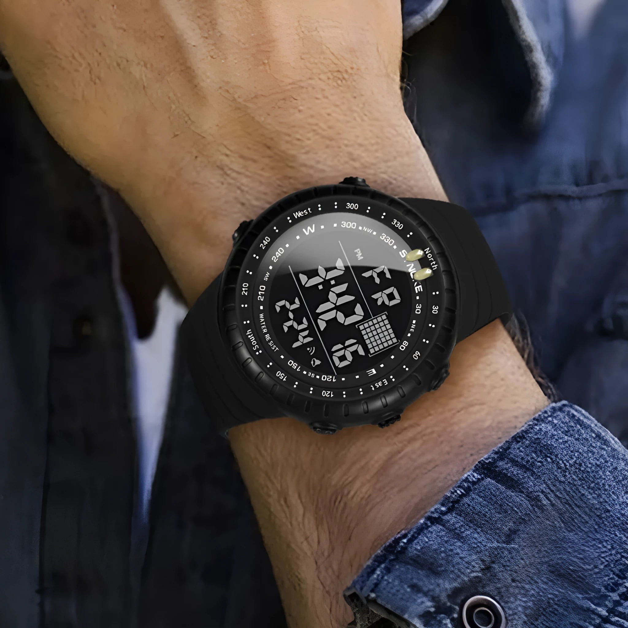 Black men's waterproof outdoor electronic watch with large 54.74mm dial and adjustable PU leather strap