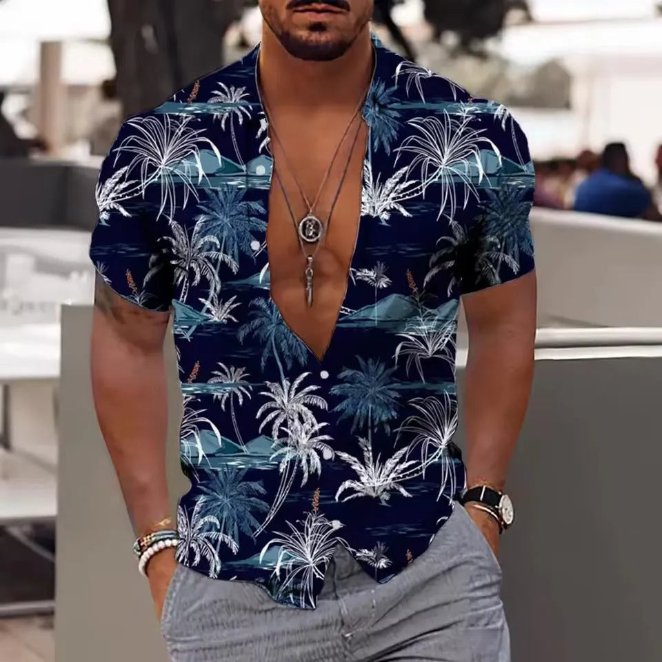 Men's floral printed short sleeve shirt in loose cardigan style for summer wear