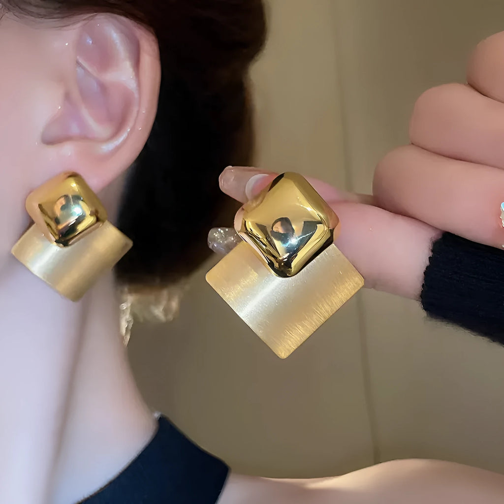 Gold brushed square stud earrings for women with alloy body and 925 silver needle, shown in 4.5cm and 3.5cm sizes