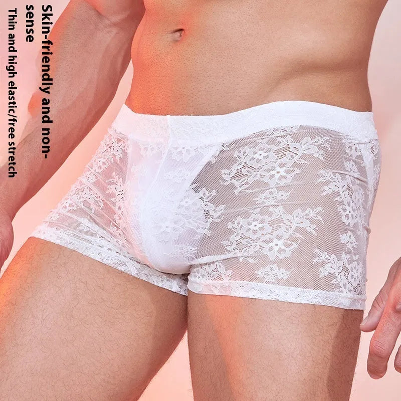 Men's nylon boxer briefs with lace detail in black white and red free size