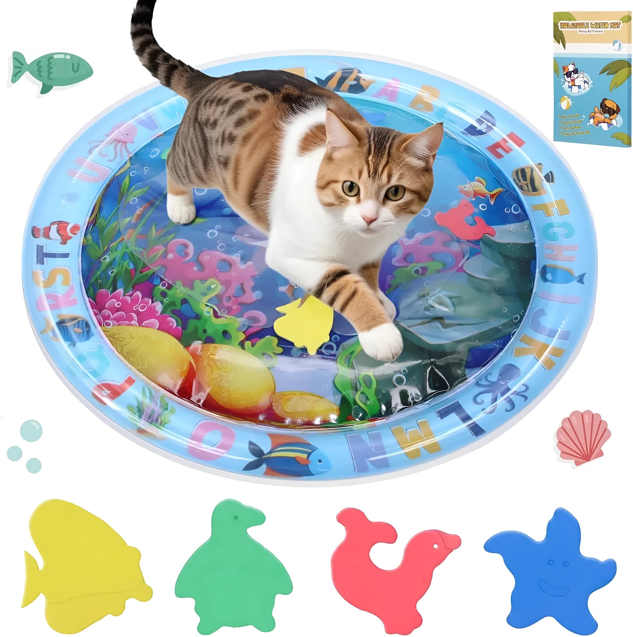 Blue water sensory playmat for cats and dogs on floor, showing inflated edge and floating fish toys inside.