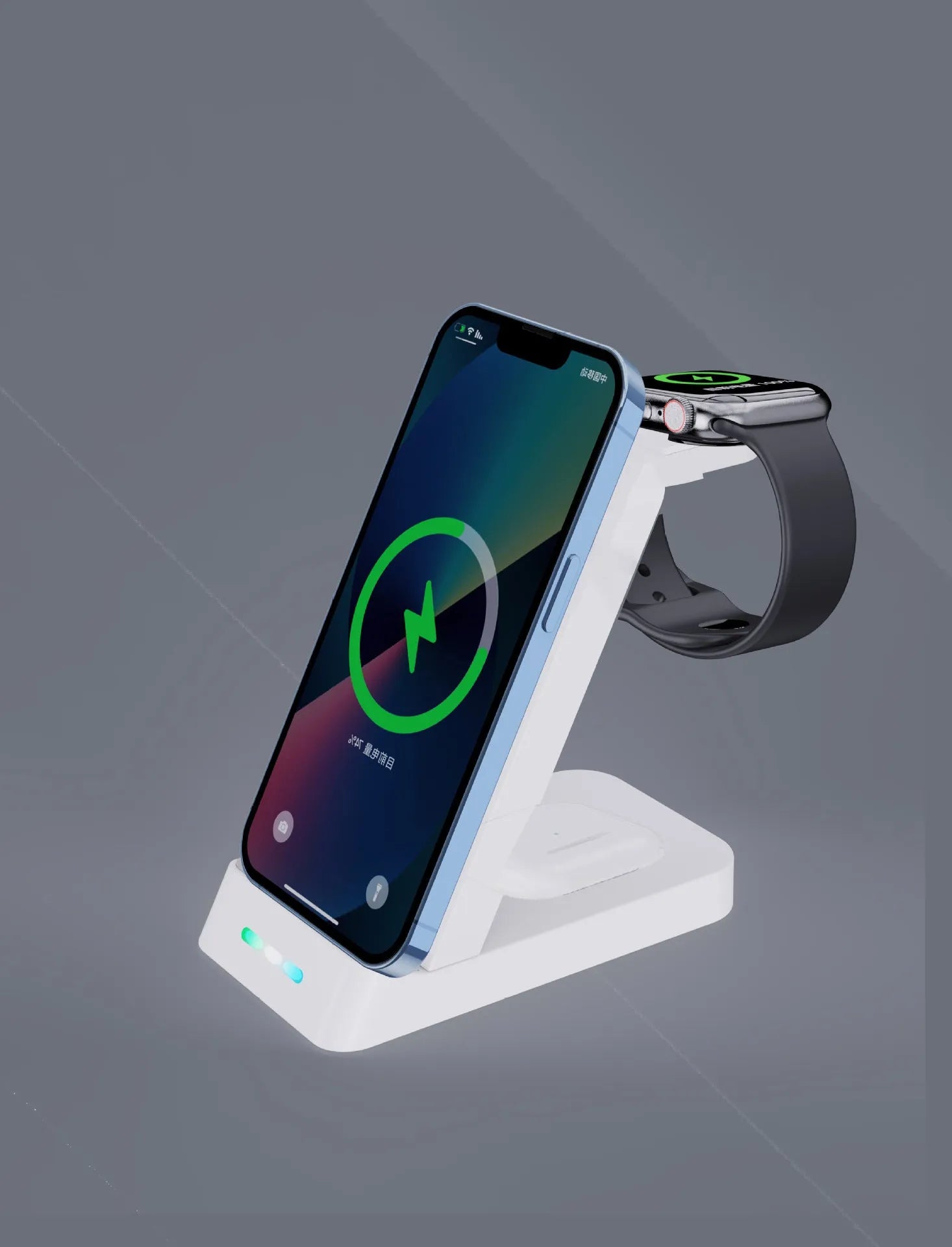 Black and white Da 65W 3-in-1 wireless charging stand showing phone, watch, and earbuds charging simultaneously.