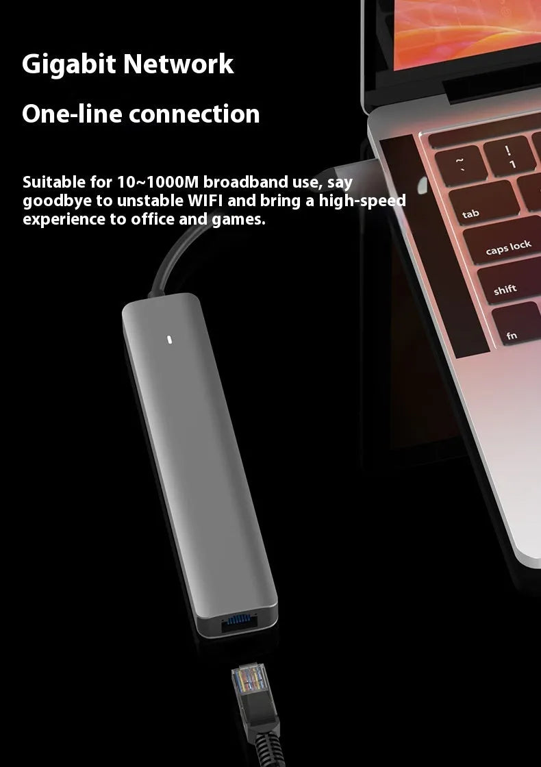 Silver LQT-LH07 7-in-1 USB-C hub and card reader for laptops showing multiple ports.