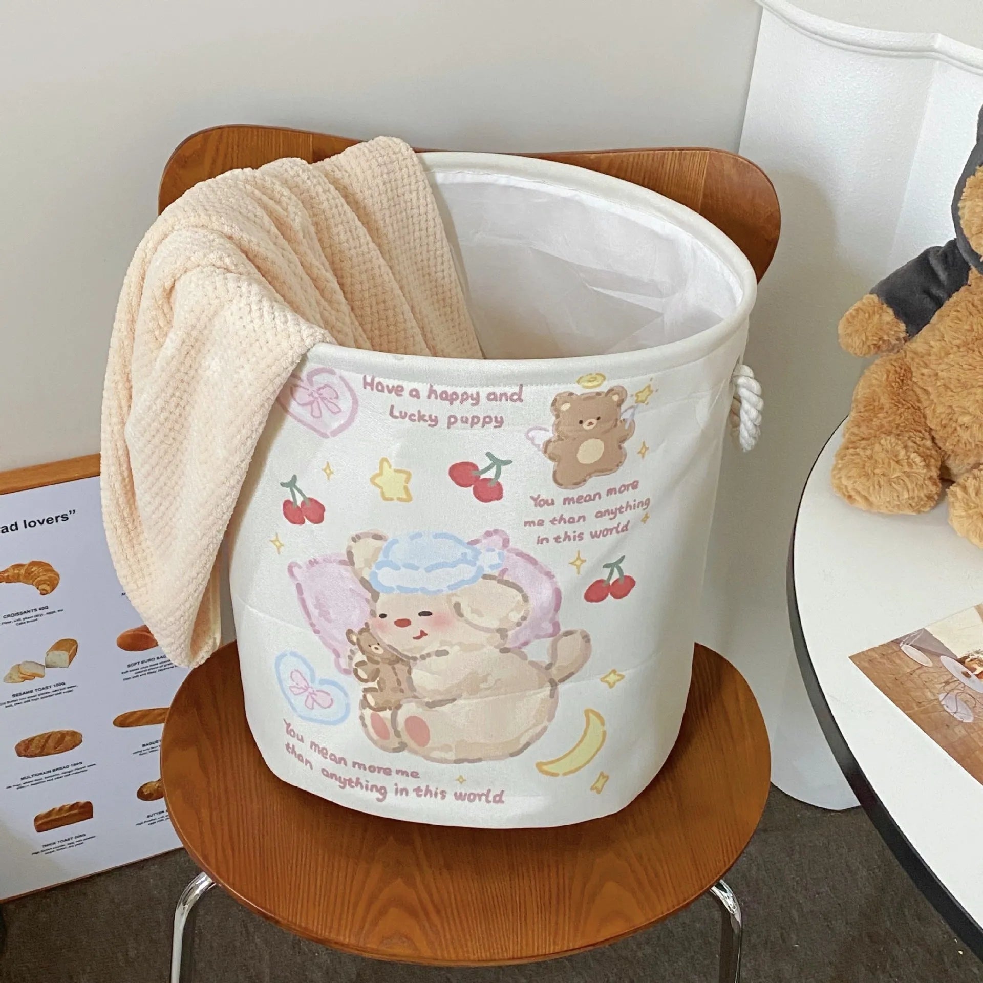 Foldable cotton cloth laundry basket with bear print design for bedroom storage