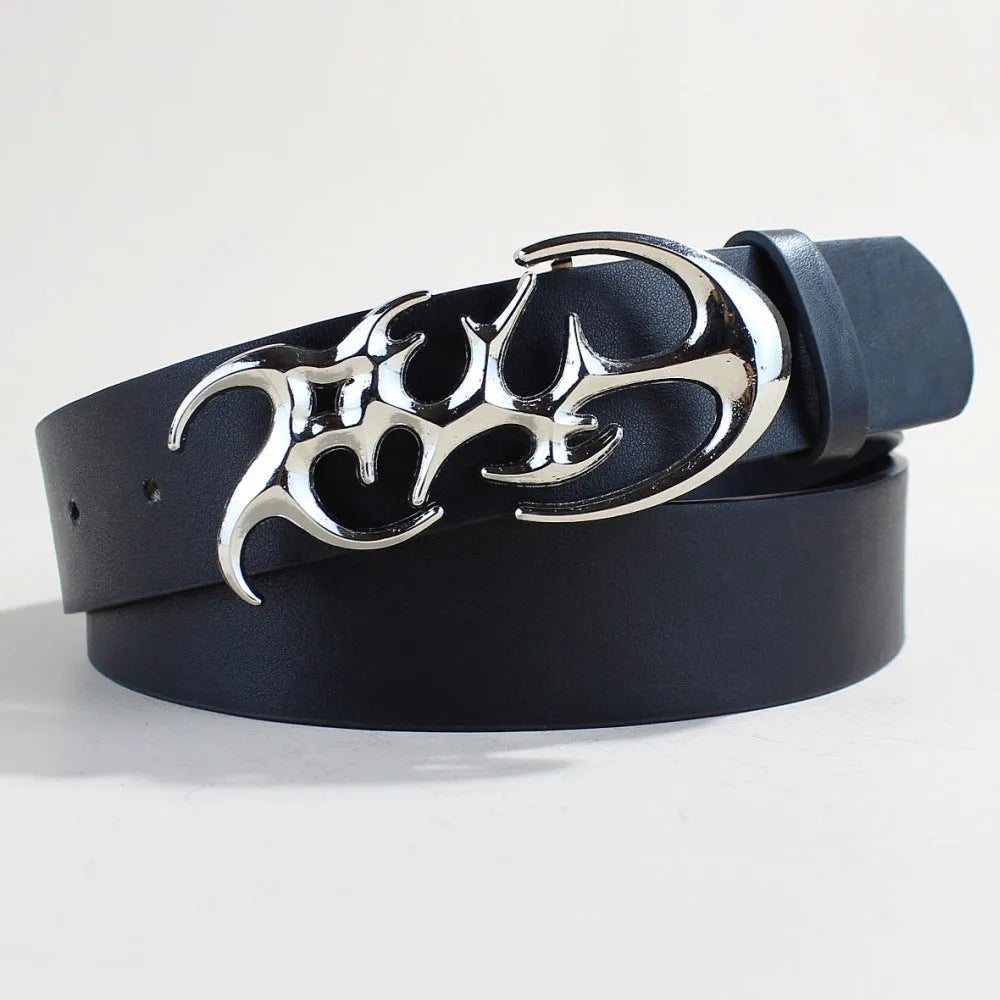 Silver buckle on a brown PU leather casual belt with snap button closure