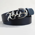 Silver buckle on a brown PU leather casual belt with snap button closure