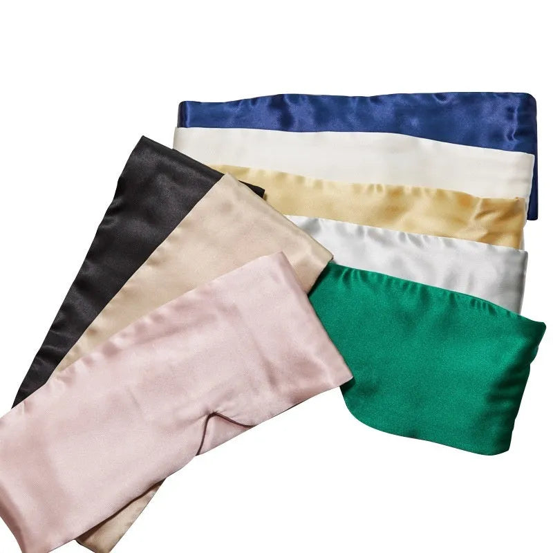 Mulberry silk eye mask in various colours including black navy blue and champagne gold for light blocking sleep