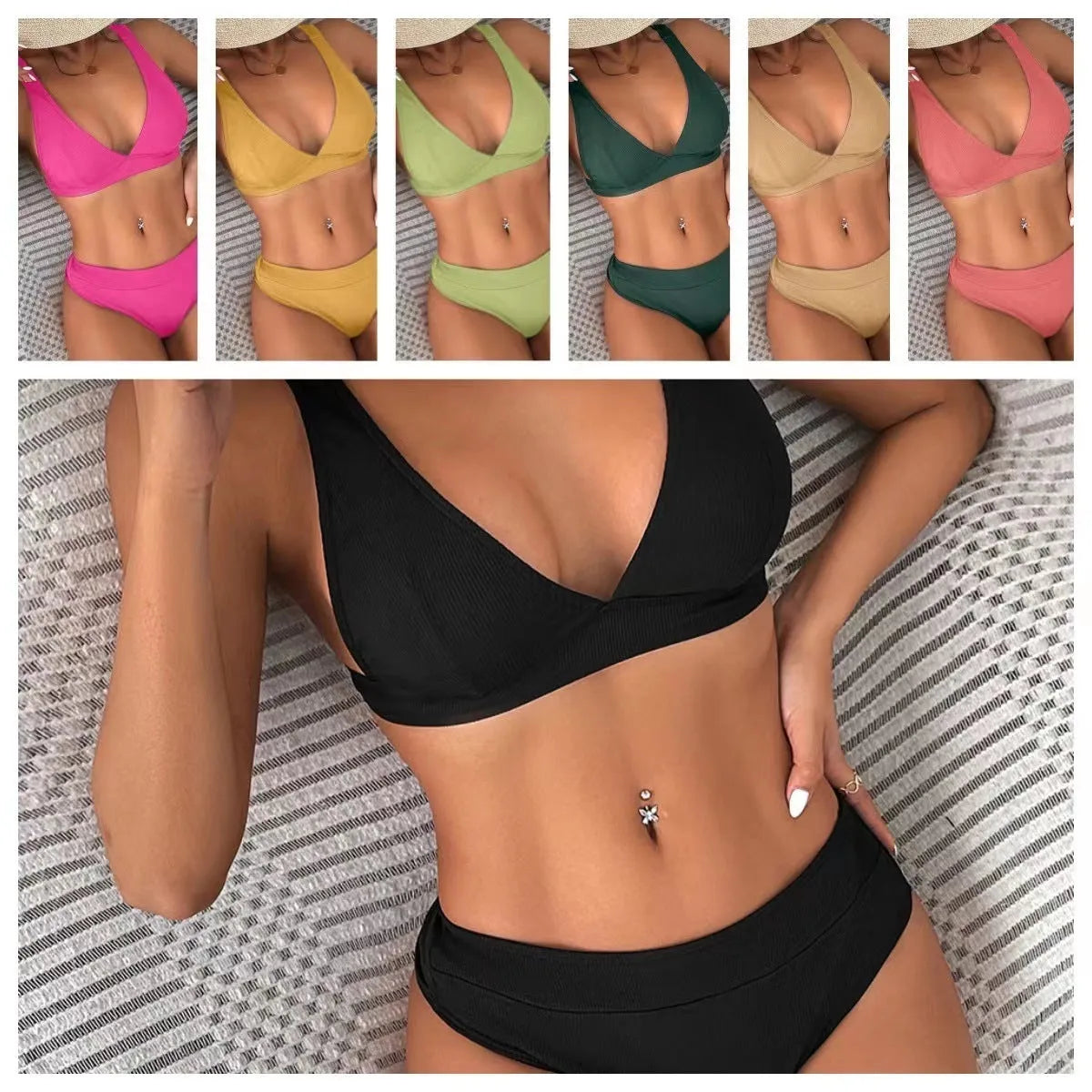 Women's black lace-up front bikini with high-leg split design on a neutral background.