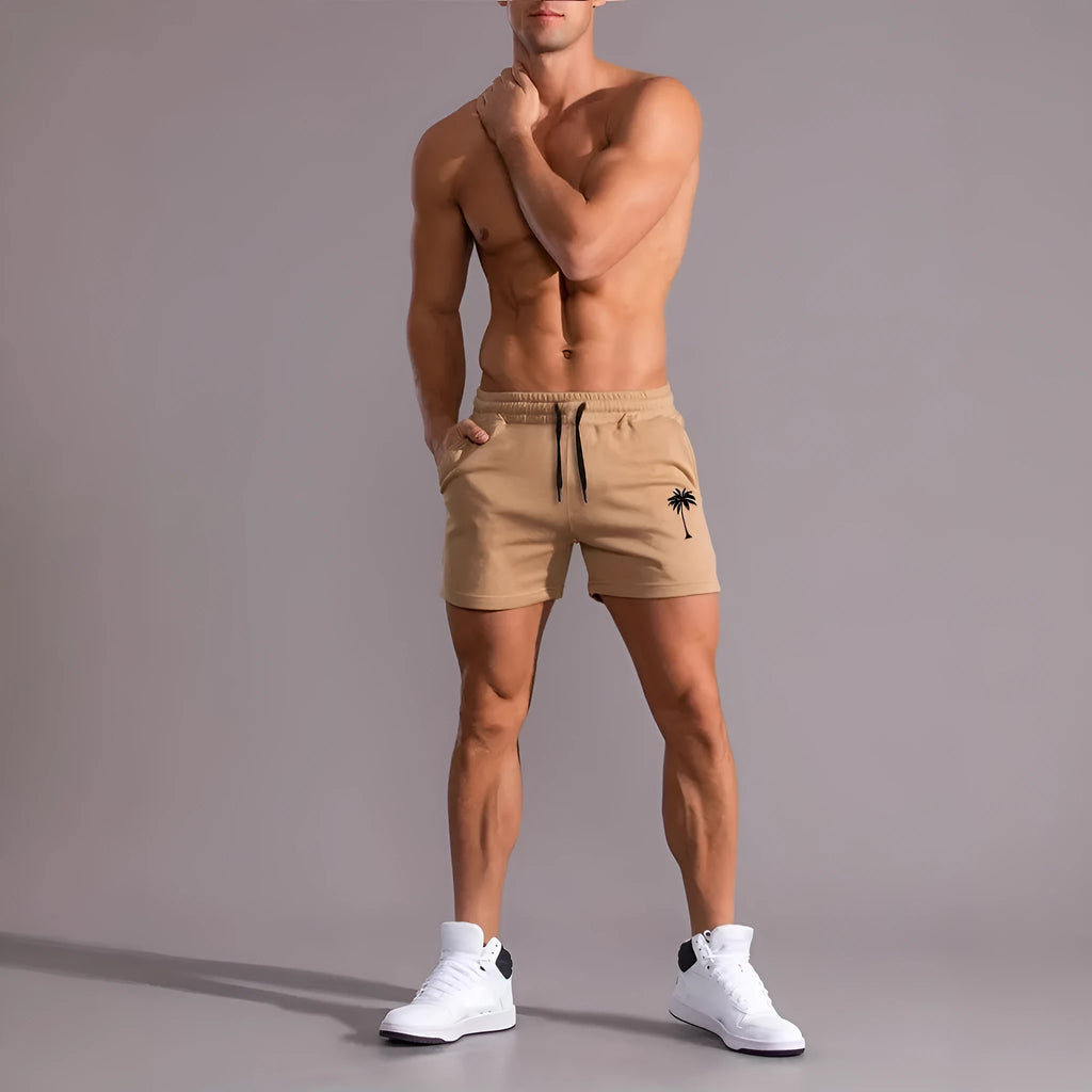 Men's khaki coconut print sports shorts with straight leg and micro-elastic polyester fabric