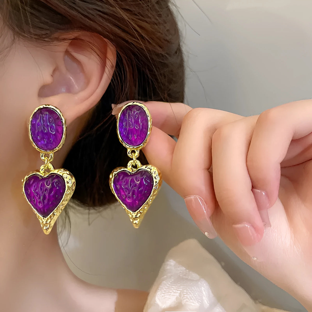 Silver needle pleated oval love heart stud earrings in purple, red, green, and yellow white colours with stainless steel posts.
