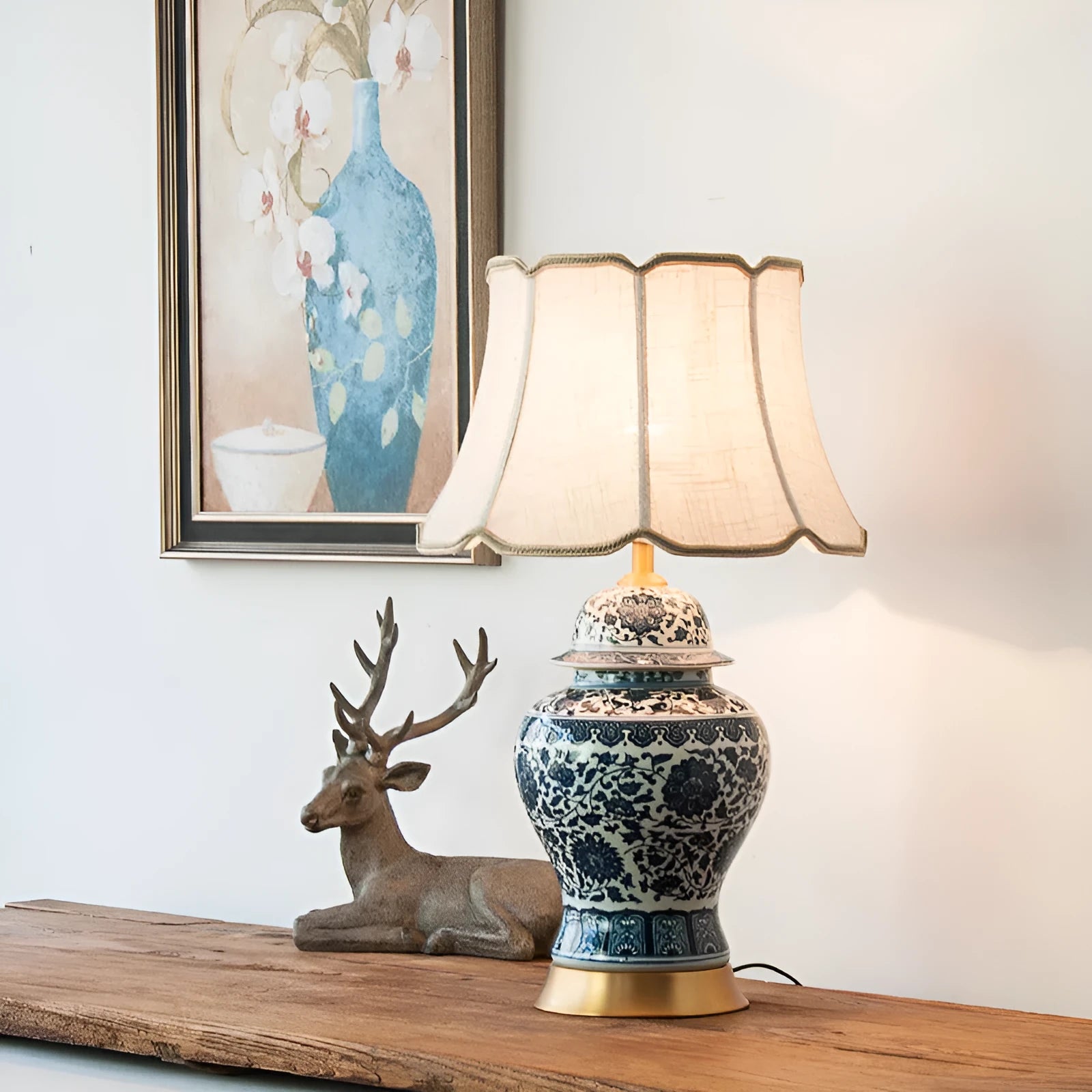 Chinese blue and white porcelain table lamp with ceramic base on bedside table