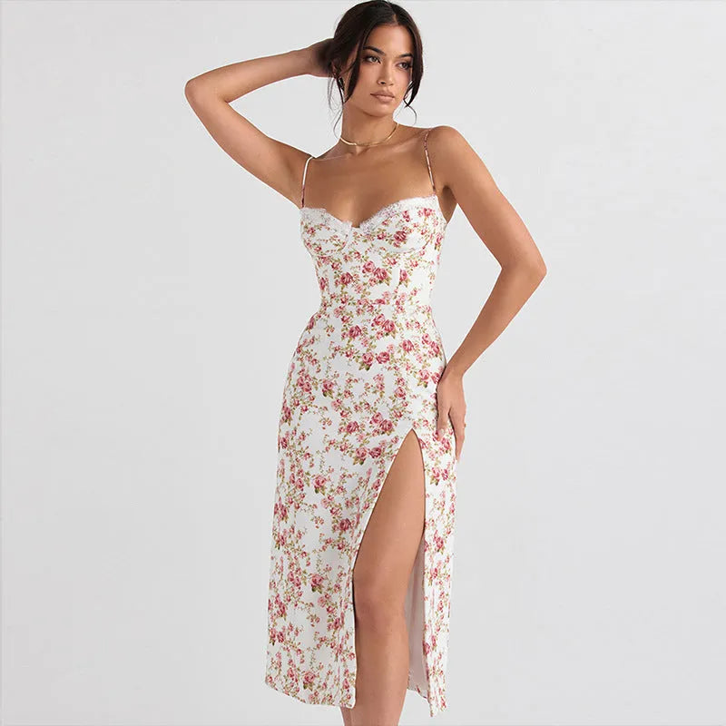 Blue lace floral print long dress with suspender straps and a thigh-high slit