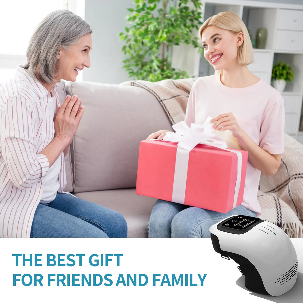 White rechargeable electric knee massager showing wrap design for infrared heat and vibration therapy.