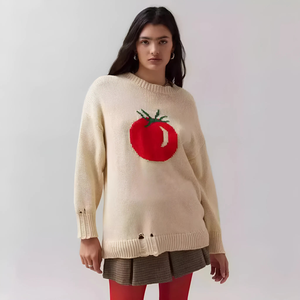 Beige women's loose-fitting acrylic sweater with a round neck and textured Jacquard knit pattern.