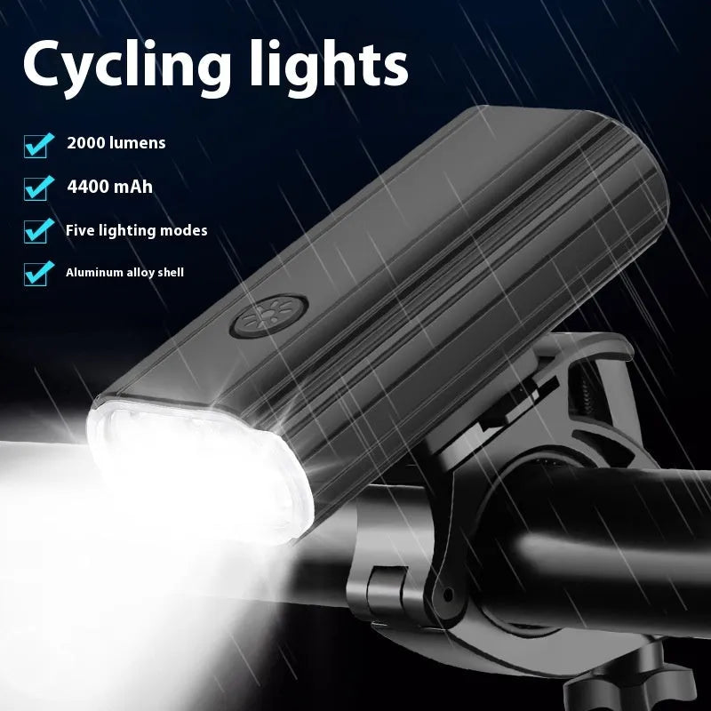 Aluminium alloy bicycle headlight showing front with six XPT lamp beads and mounting base options