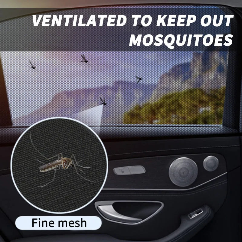 Set of four non-woven fabric mesh sunshades installed on car front and rear side windows.