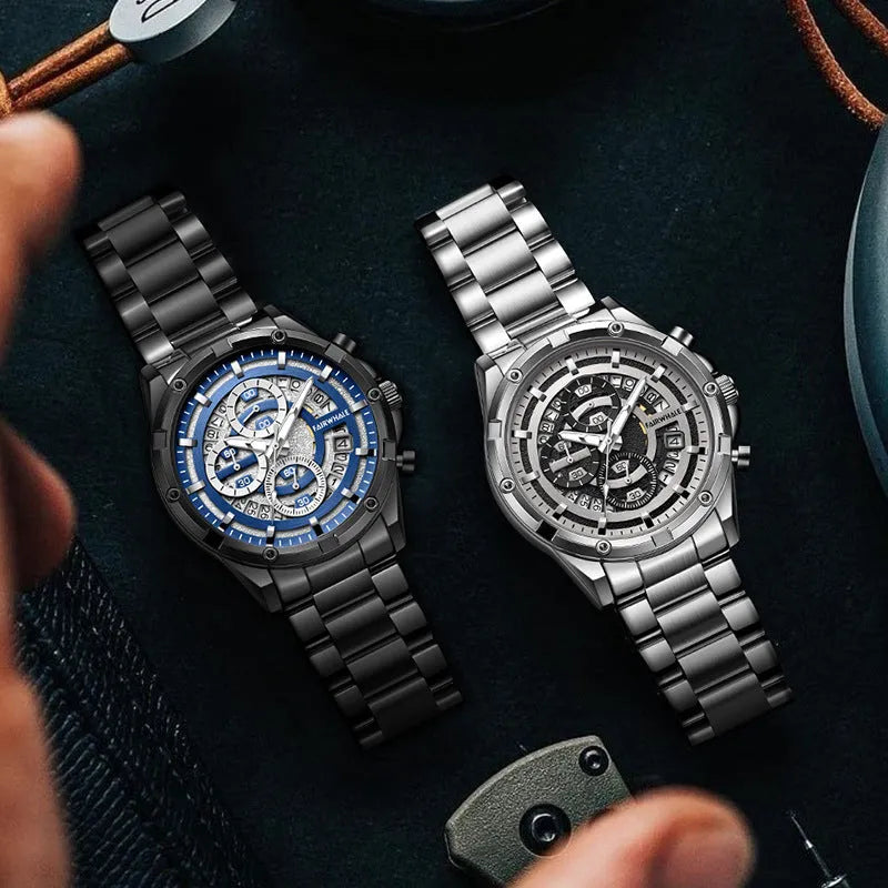 Men's waterproof luminous quartz watch with steel belt in black silver or gold surface options 10mm thickness