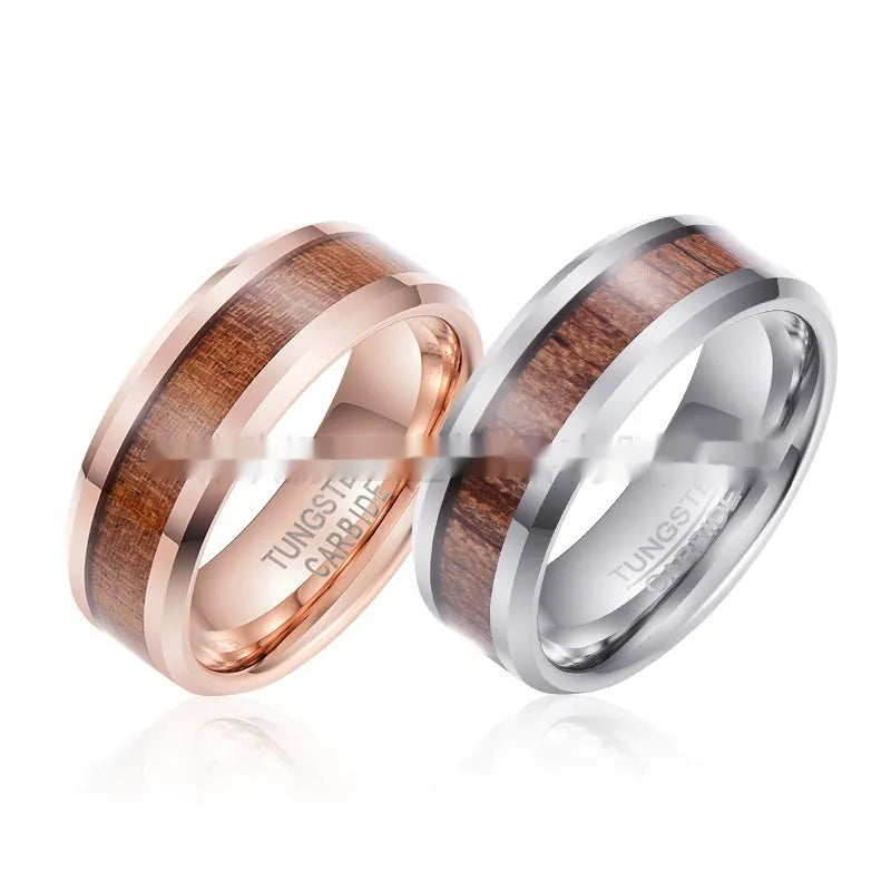 Men's tungsten ring with 8mm wide U-shaped band in wood leather Ugyen finish.