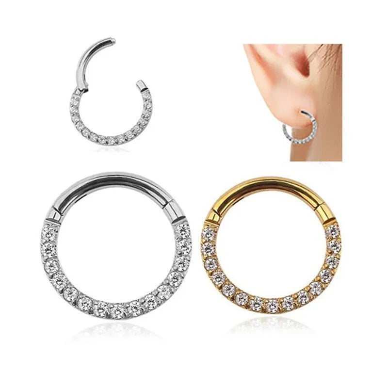 Stainless steel seamless round nose ring showing electroplated colour variations and size specifications