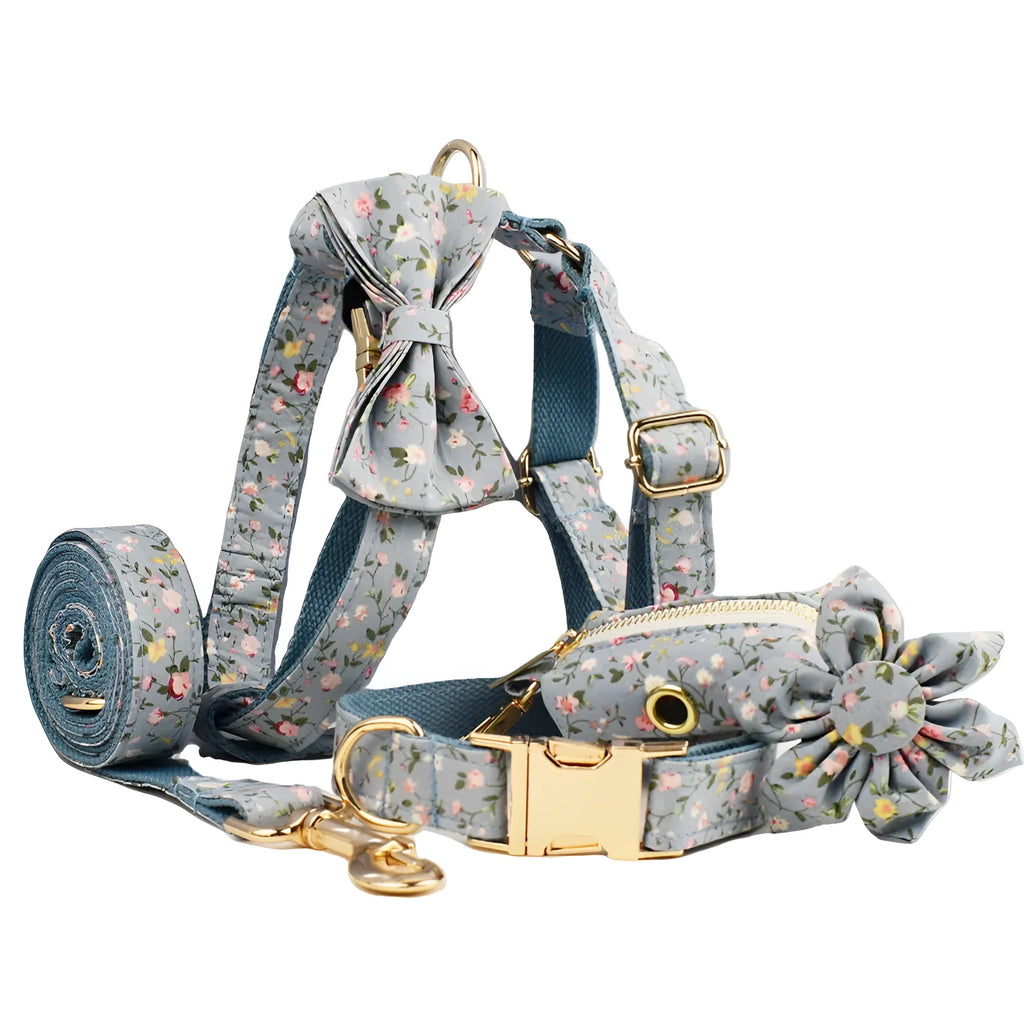 Blue floral polyester cotton dog collar with matching leash, bow tie, vest and poop bag holder set