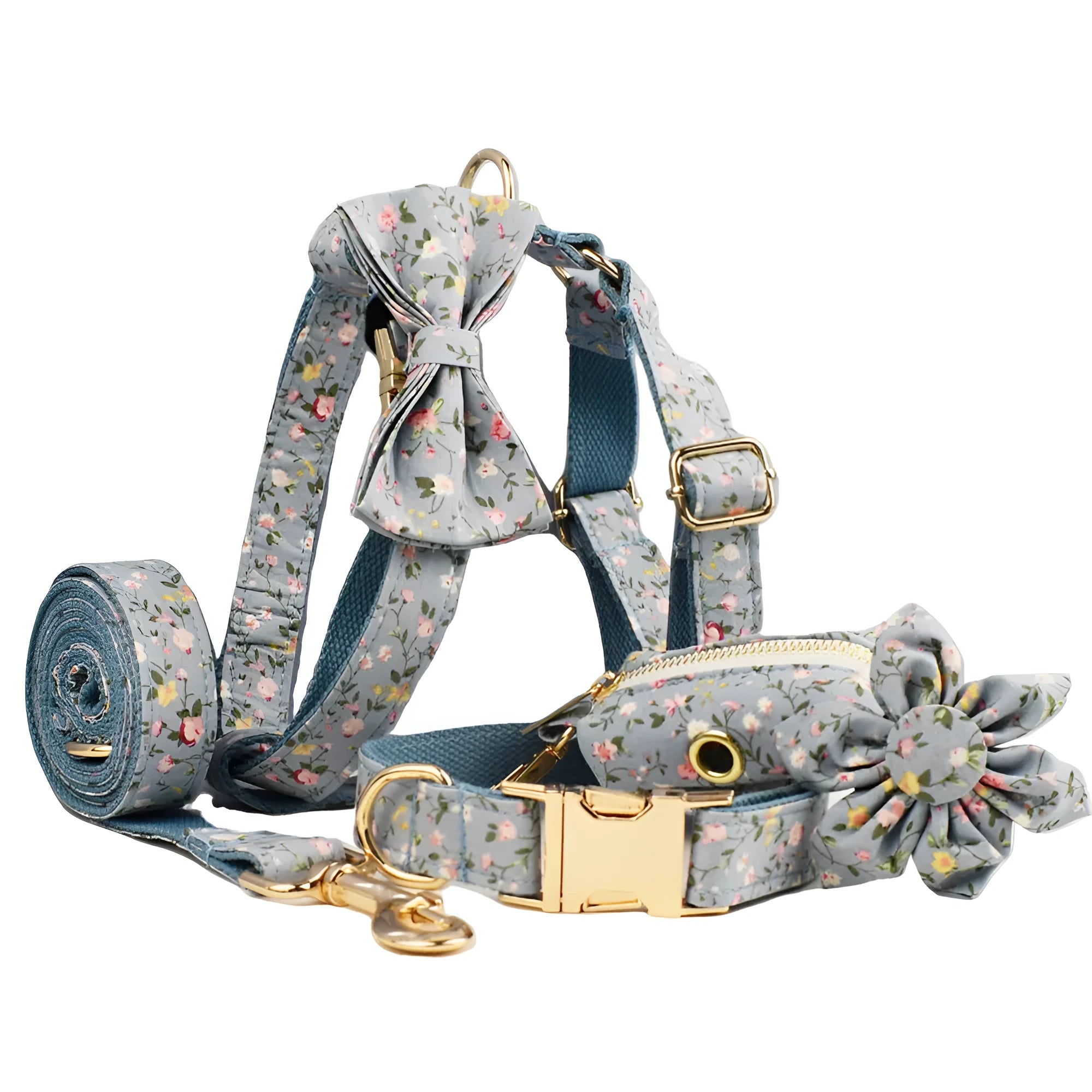 Blue floral polyester cotton dog collar with matching leash, bow tie, vest and poop bag holder set