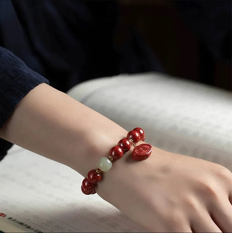 Natural cinnabar emperor sandstone Ping An Fu Lu bracelet for birth year protection in 8mm or 10mm bead size