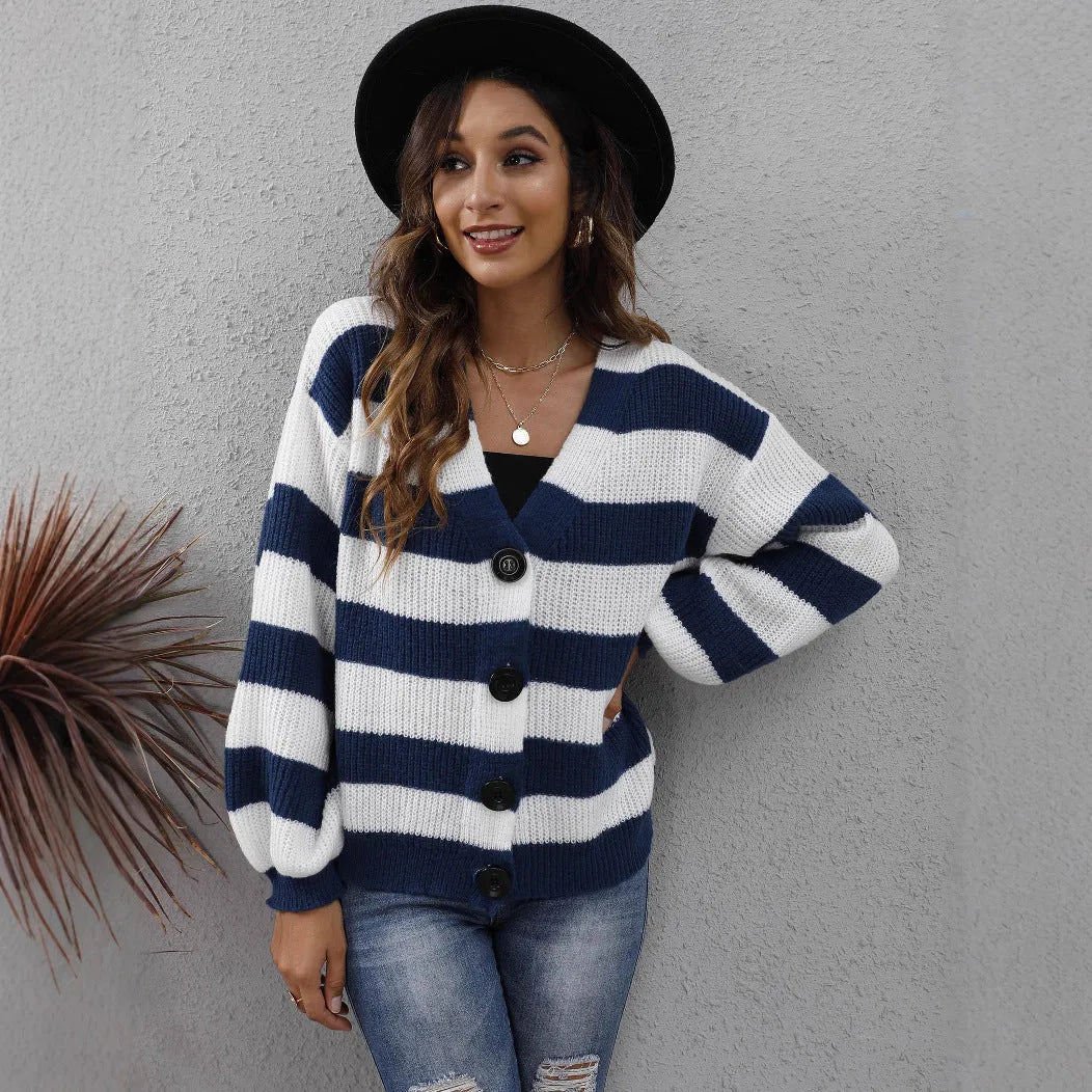 Women's striped deer plush cardigan in blue, black, brown, or dark green with button detail.