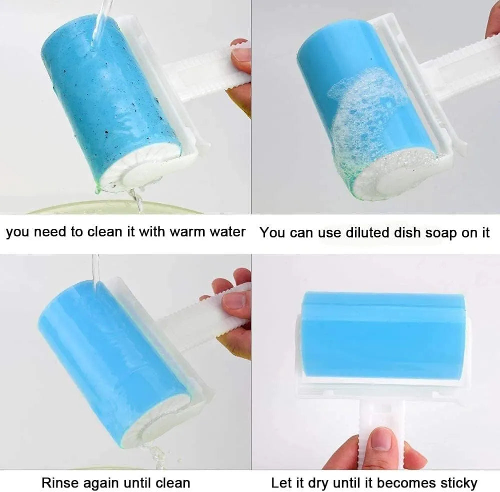 Washable reusable lint roller with cover for pet hair removal on blue background