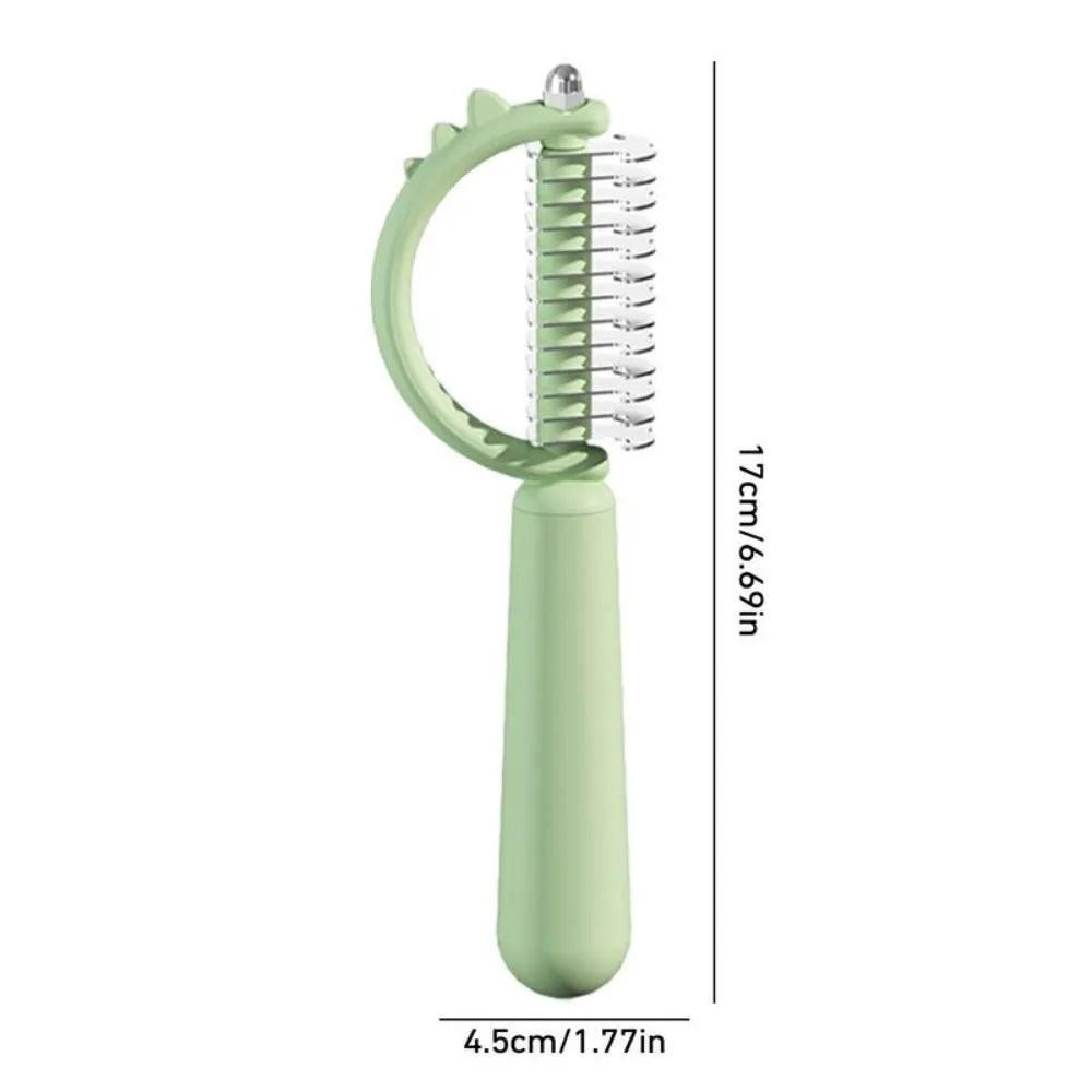 Blue dinosaur-shaped self-cleaning cat brush with stainless steel pins on a white background.