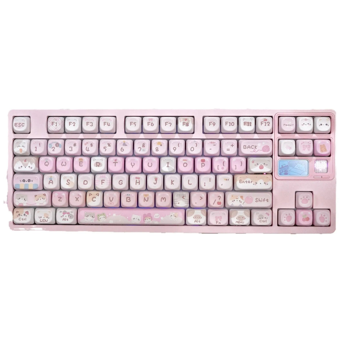 Set of pink cartoon-design MOA-height keycaps for mechanical keyboards, showing five-sided sublimation print.