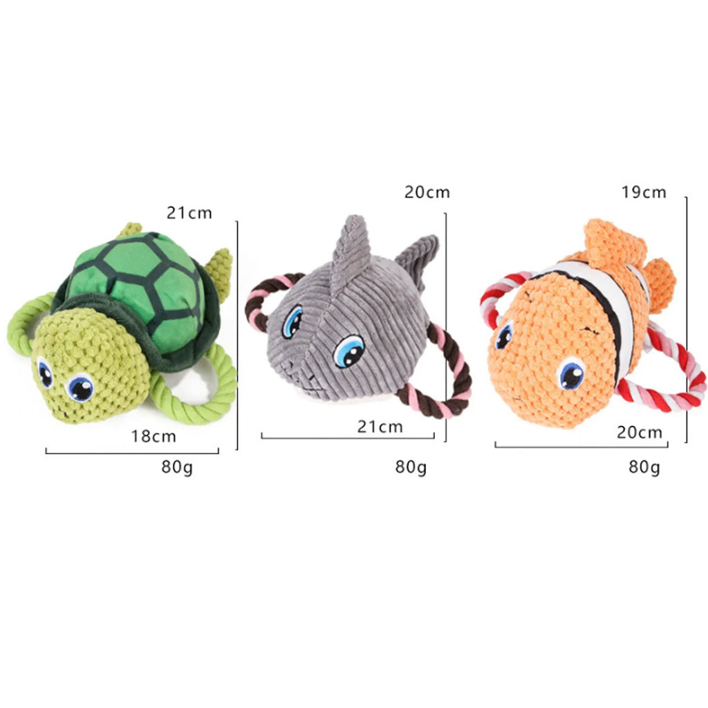 Turtle-shaped dog chewing toy with plush fabric and knotted rope in grey colour