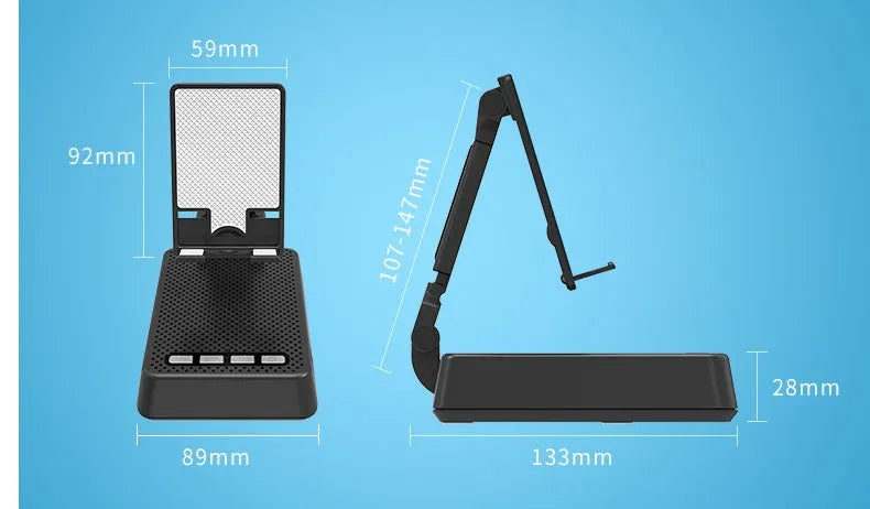 Black mobile phone stand with integrated Bluetooth speaker and microphone on a desk