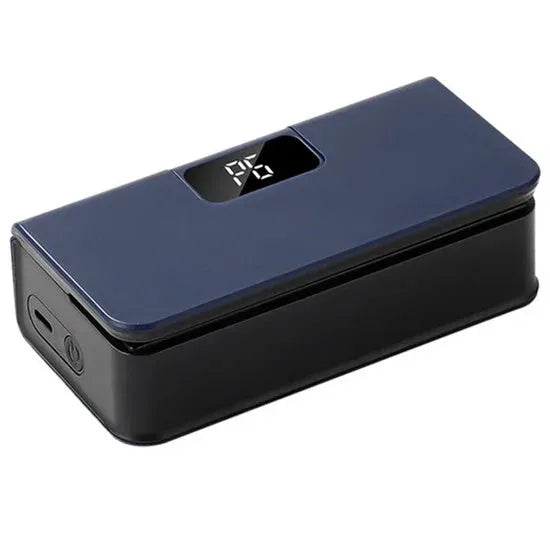 Portable mini sealing machine in blue and white colours measuring 4x3.5x14.4cm