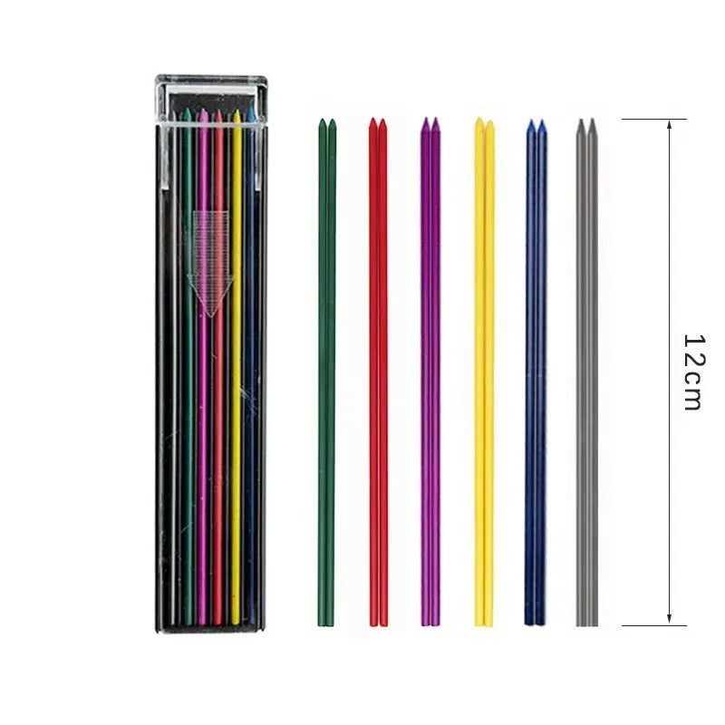 Box of 12 mechanical pencil lead refills in rainbow colours with 0.5mm diameter for drawing and writing