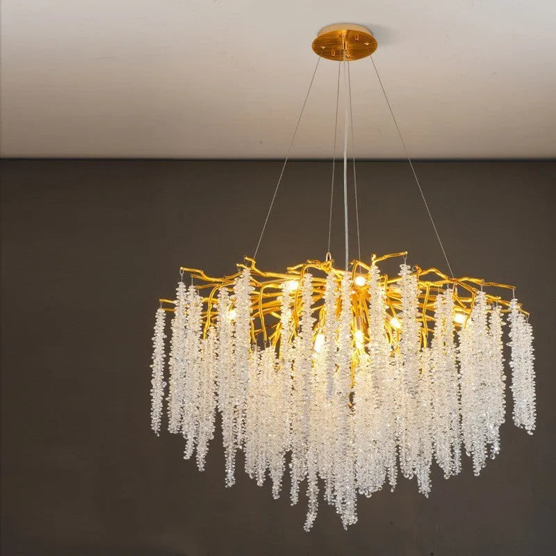 Crystal chandelier light with adjustable height, shown in a light luxury style with aluminium alloy body.