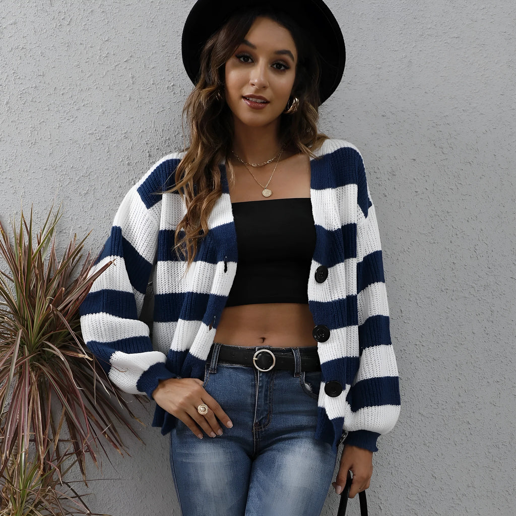 Women's striped deer plush cardigan in blue, black, brown, or dark green with button detail.